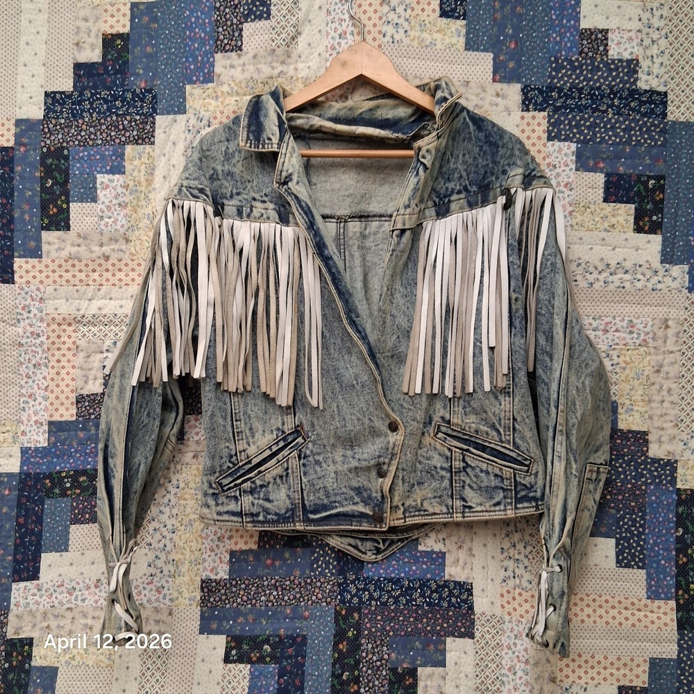 Vintage HAVOC Western Fringe Acid Wash Denim Jacket Womens Size Large 80s BOHO - Picture 1 of 11